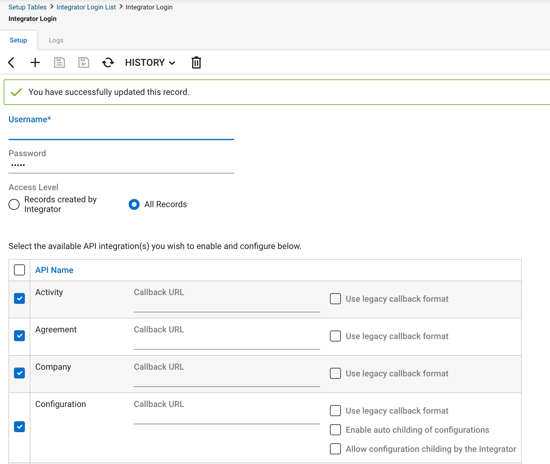 ConnectWise Integrator Login setup screen showing Username, Password, Access Level, and API integrations