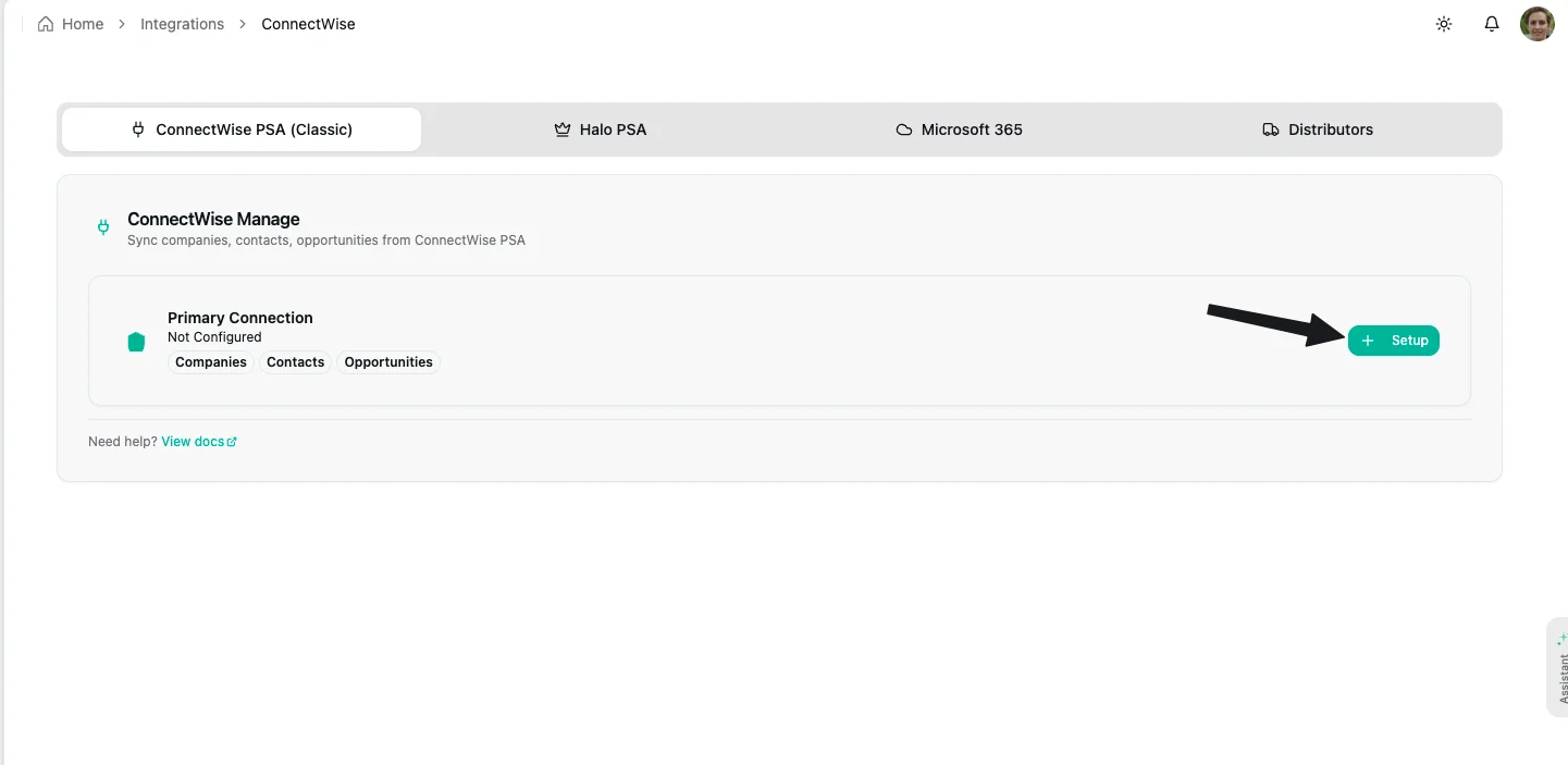 ConnectWise Manage integration card showing the Setup button