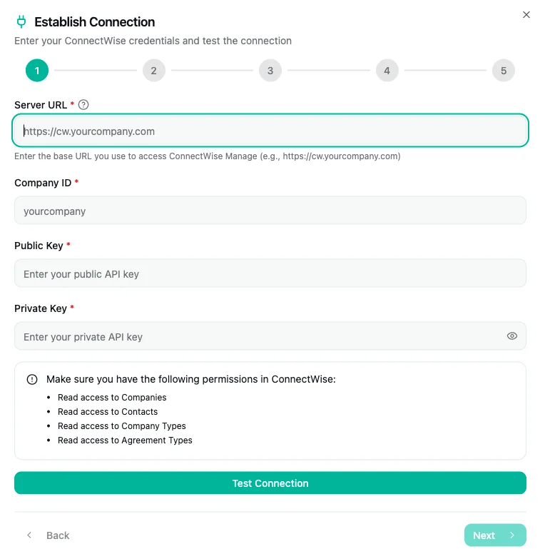 Establish Connection form with Server URL, Company ID, Public Key, and Private Key fields