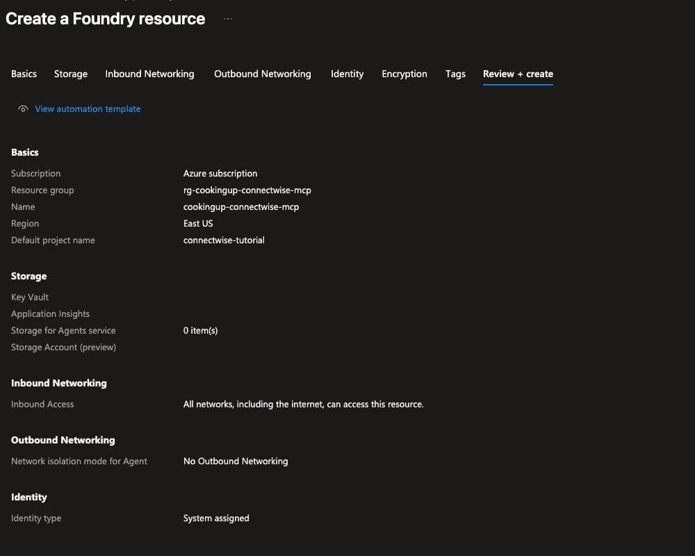 Foundry review page with East US, a default project and a system-assigned identity
