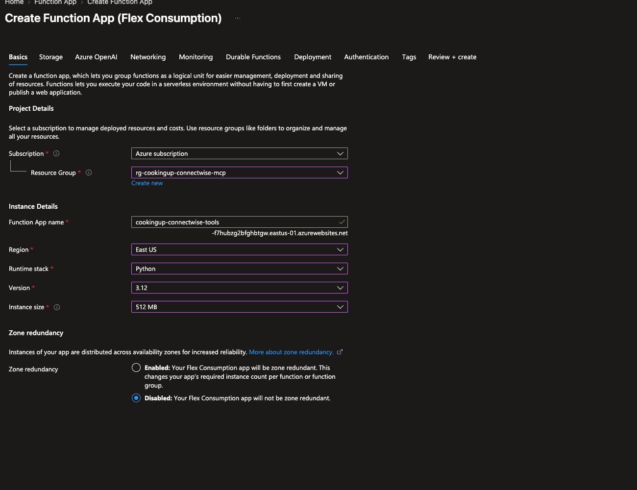 Function App creation showing Python 3.12, Flex Consumption and 512 MB