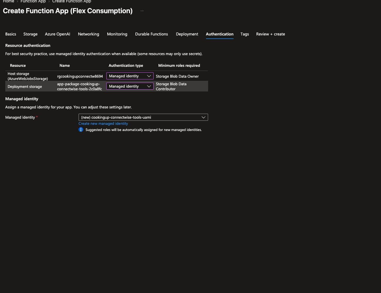 Managed identity selected for Function App host and deployment storage