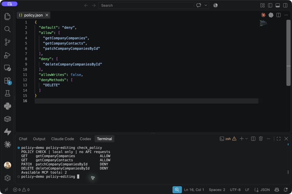 VS Code policy with writes disabled and the checker allowing GET while denying PATCH and DELETE