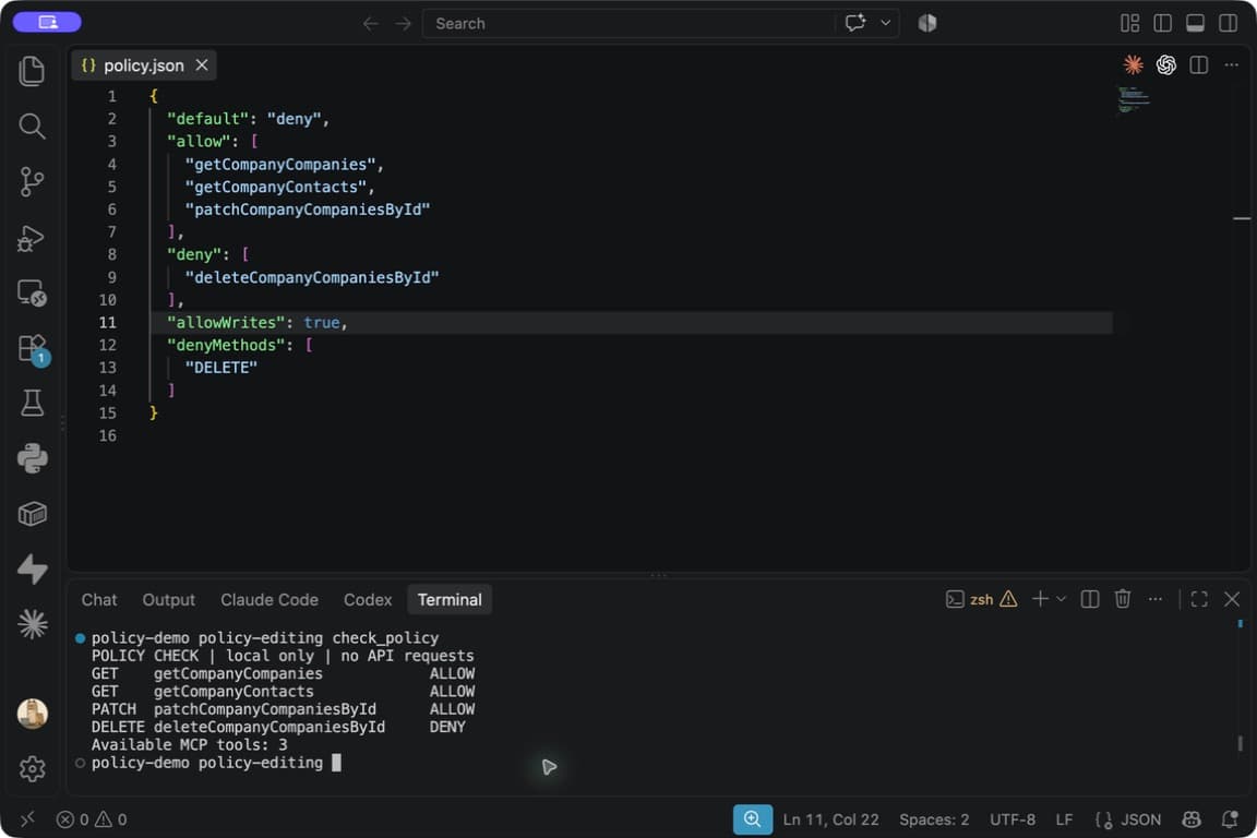 VS Code policy with writes enabled and the explicitly allowed PATCH operation reporting ALLOW