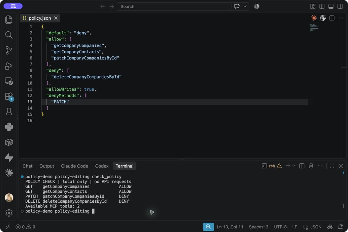 PATCH is listed in denyMethods and the checker blocks it while allowing both GET operations
